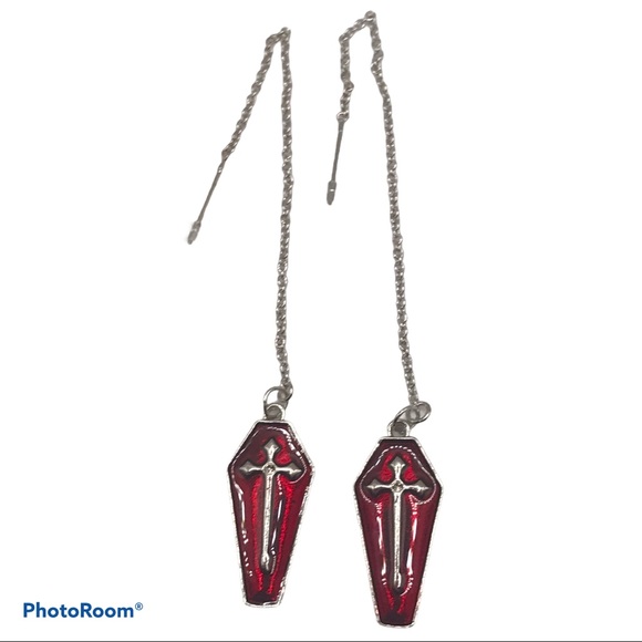 Coffin Cross Gothic Threader Earrings Nickel Free - Picture 3 of 4